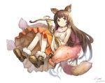  1girl animal_ears aster_(granblue_fantasy) benitama blush boots bow_(weapon) brown_eyes brown_hair crossbow dress erun_(granblue_fantasy) granblue_fantasy long_hair open_mouth scarf signature sleeveless sleeveless_dress solo tail weapon 