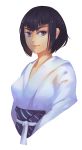  1girl 34_(hakunimu) alternate_hair_length alternate_hairstyle bangs black_hair blue_eyes bust eyebrows japanese_clothes kill_la_kill kimono kiryuuin_satsuki lips nose obi sash short_hair smile solo thick_eyebrows white_background yukata 