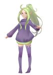  1girl 34_(hakunimu) ahoge bangs casual fire_emblem fire_emblem:_kakusei green_hair long_hair no_shoes nowi_(fire_emblem) parted_bangs payot pointy_ears ponytail smile solo sweater thigh-highs violet_eyes zettai_ryouiki 