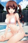  1girl :d absurdres bikini black_eyes blue_sky breasts brown_hair chain-link_fence cleavage clouds coffee-kizoku front-tie_bikini front-tie_top highres open_mouth original poolside side-tie_bikini side_ponytail sitting sky smile swimsuit wariza white_bikini white_swimsuit 