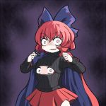  1girl :d adapted_costume aratami_isse bow cape evil_smile hair_bow open-chest_sweater open_mouth pink_eyes redhead ribbed_sweater sekibanki shaded_face short_hair skirt smile sweater touhou 