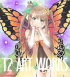  1girl blush brown_hair flower green_eyes hair_ornament jewelry long_hair looking_at_viewer open_mouth original solo taka_tony tanaka_takayuki twintails wings 