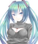  1girl aqua_eyes aqua_hair breasts cleavage cleavage_cutout crossed_arms hatsune_miku kiseno long_hair open-chest_sweater ribbed_sweater simple_background solo sweater turtleneck twintails vocaloid white_background 
