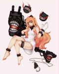  1girl absurdres amatsuka_mao animal_ears anklet barefoot brown_eyes cat_ears choker cosplay creature crossed_legs drawfag dress fang gj-bu highres invisible_chair jewelry kantai_collection lips long_hair mittens northern_ocean_hime northern_ocean_hime_(cosplay) orange_hair sitting small_breasts solo white_dress 