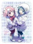  2girls :d blonde_hair blue_eyes bow fur_coat gloves hair_bow hair_ornament hairclip hood kaname_madoka kirikuchi_riku mahou_shoujo_madoka_magica miki_sayaka multiple_girls open_mouth pink_eyes pink_hair short_twintails smile twintails 