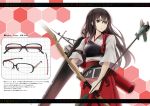  1girl airplane akagi_(kantai_collection) arrow bespectacled bow_(weapon) brown_eyes brown_hair glasses japanese_clothes kantai_collection long_hair muneate nabeshima_tetsuhiro skirt solo weapon yugake 