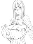  1girl blush breasts cleavage cleavage_cutout ebido greyscale huge_breasts lineart long_hair monochrome open-chest_sweater ribbed_sweater selvaria_bles senjou_no_valkyria solo sweater turtleneck 