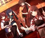  4girls :d ^_^ akagi_(kantai_collection) baton_(instrument) black_legwear blue_hair blush brown_eyes brown_hair cello closed_eyes double_bass hair_ribbon hiryuu_(kantai_collection) ichinose_yukino instrument japanese_clothes kaga_(kantai_collection) kantai_collection kimono long_hair looking_at_viewer multiple_girls muneate open_mouth ribbon sitting skirt smile souryuu_(kantai_collection) tasuki thigh-highs twintails violin 