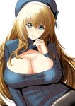 1girl atago_(kantai_collection) black_legwear blue_eyes breasts cleavage cleavage_cutout hat highres kantai_collection large_breasts long_hair looking_at_viewer open-chest_sweater pantyhose ribbed_sweater solo sweater turtleneck wamwam white_background 