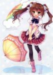  1girl :d absurdres black_legwear blouse boots bow brown_hair clouds hair_bow highres hisama_kumako open_mouth pantyhose plaid plaid_skirt puddle rainbow skirt smile twintails umbrella 