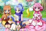  absurdres ahoge animal_ears blue_eyes blue_hair blush brown_hair character_request dog_days feet gloves highres kneeling kuberu_e_pastillage legs millhiore_f_biscotti nyantype official_art open_mouth pink_hair smile socks tail violet_eyes 