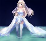  1girl alleyne_(queen&#039;s_blade) blonde_hair blue_eyes breasts bridal_veil cleavage drawfag dress dress_lift elf long_hair pointy_ears queen&#039;s_blade smile solo strapless_dress thigh-highs veil wading wedding_dress white_legwear 