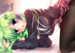  1girl all_fours bed black_legwear blue_eyes breasts frog_hair_ornament fule green_hair hair_ornament highres kochiya_sanae long_hair looking_at_viewer looking_to_the_side open_mouth pantyhose plaid plaid_skirt pleated_skirt school_uniform skirt snake_hair_ornament solo thighband_pantyhose touhou 