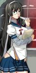  1girl absurdres black_hair cowboy_shot glasses hairband highres kantai_collection long_hair map ooyodo_(kantai_collection) quill school_uniform serafuku skirt solo wamwam 