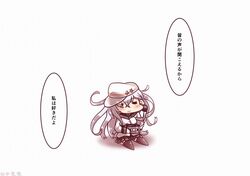  1girl comic earphones hat hibiki_(kantai_collection) kantai_collection long_hair school_uniform seiza serafuku sitting smile solo tanaka_kusao translation_request verniy_(kantai_collection) walkman 