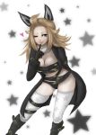  1girl alternate_costume animal_ears arm_behind_back black_gloves black_panties blonde_hair blue_eyes boots bravely_default:_flying_fairy bravely_default_(series) breasts cat_ears cleavage colored drawfag edea_lee finger_to_mouth fur_collar gloves kemonomimi_mode knee_boots lips long_hair panties revealing_clothes ribbon smile solo star_print thigh-highs thigh_ribbon underwear white_legwear 
