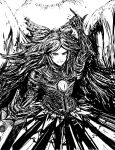  1girl arm_cannon armor bow cape grin hair_bow highres khn_(kihana) long_hair monochrome pointing pointing_up reiuji_utsuho skirt smile solo sun third_eye touhou weapon wings 