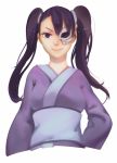  1girl 34_(hakunimu) arrancar black_hair bleach bust hand_on_hip japanese_clothes kimono lips loly_aivirrne nose one_eye_covered sash skull smile solo twintails violet_eyes yukata 