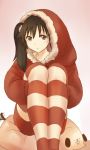  1girl araragi_karen black_hair blush christmas drawfag grey_eyes hair_ornament highres leg_hug long_hair monogatari_(series) nisemonogatari red_hood side_ponytail sitting solo striped striped_legwear 