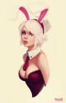  1girl alternate_costume animal_ears bare_shoulders breasts brown_eyes bunny_girl bunnysuit cropped_arms detached_collar fake_animal_ears folded_ponytail jonathan_hamilton league_of_legends lips lipstick makeup necktie nose rabbit_ears revision riven_(league_of_legends) short_hair solo white_background white_hair 