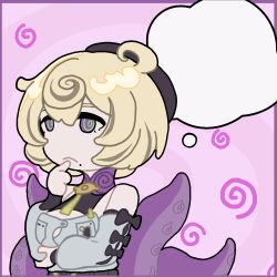  1girl @_@ absurdres ahoge beret blonde_hair detached_sleeves hat highres kumao_max mole mole_under_mouth speech_bubble tentacle_tail tentacles thinking thought_bubble yidhari_murphy zenless_zone_zero 
