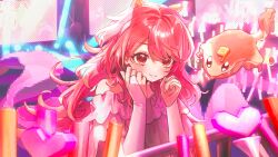  absurdres blush bonnibelle_amai dress glowstick highres idol indie_virtual_youtuber manta_ray manta_ray_girl manta_ray_tail orange_eyes orange_hair pink_dress smile stage syrups(bonnibelle_amai) virtual_youtuber yuuri_(0914yuuri_k) 