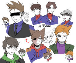  6+boys animification antenna_hair bags_under_eyes baseball_cap beard_stubble black_coat black_necktie black_vest blue_coat blue_shirt brown_hair burn_scar candy coat collared_shirt commentary_request curtained_hair cyborg drawstring dual_persona edd_(eddsworld) eddsworld eko_endure epaulettes episode_title facial_hair flipped_hair food food_in_mouth fun_dead_kid_(eddsworld) future_edd_(eddsworld) future_matt_(eddsworld) future_tom_(eddsworld) green_eyes green_hoodie green_jacket grey_eyes hair_behind_ear hair_ears hat head-mounted_display hood hood_down hoodie jacket jitome korean_commentary lollipop lollipop_in_mouth male_focus matt_(eddsworld) mechanical_eyes military_coat military_uniform multiple_boys necktie open_clothes open_coat open_jacket orange_hair patryck_(eddsworld) paul_(eddsworld) protected_link purple_hoodie purple_sweater red_army_logo_(eddsworld) red_hoodie red_leader_(eddsworld) red_sweater scar shirt short_hair simple_background single_mechanical_eye sketch smile spiky_hair stubble sweater swept_bangs thick_eyebrows tom_(eddsworld) tord_(eddsworld) trench_coat turtleneck vest violet_eyes white_background white_hat 