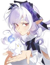  ahoge bow bowtie closed_mouth crossover drill_hair drill_sidelocks hairband highres holding holding_pokemon lingzi litwick long_hair looking_at_viewer mole mole_under_eye pointy_ears pokemon pokemon_(creature) purple_bow purple_bowtie purple_hair purple_hairband red_eyes shrug_(clothing) sidelocks simple_background vivian_banshee white_background white_shrug zenless_zone_zero 