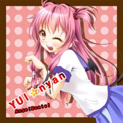  1girl ;d angel_beats! aruha blue_sailor_collar blue_skirt blush border brown_border character_name commentary_request copyright_name cowboy_shot cuffs demon_tail demon_wings drop_shadow dutch_angle fang from_side hair_between_eyes handcuffs hands_up happy leaning_forward long_hair looking_at_viewer one_eye_closed open_mouth outside_border paw_pose pink_background pink_hair pleated_skirt polka_dot polka_dot_background red_eyes sailor_collar sailor_shirt shinda_sekai_sensen_uniform shirt short_sleeves sidelocks simple_background skirt smile solo star_(symbol) tail teeth two_side_up upper_teeth_only very_long_hair white_shirt wings yui_(angel_beats!) 