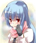  1girl blue_hair blush breath favfavver2 heart heart-shaped_pupils hinanawi_tenshi long_hair red_eyes scarf solo symbol-shaped_pupils touhou wavy_mouth 