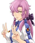  1girl alicuu_girls:_bahamut blush bow breasts bust double_v hair_bow hair_over_one_eye lips long_hair looking_at_viewer luna_(alicuu_girls:_bahamut) maou_alba original payot purple_hair sleeves_rolled_up solo track_jacket unzipped v yellow_eyes 