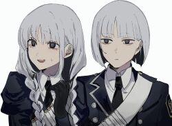  1boy 1girl absurdres black_eyes black_gloves black_necktie blue_dress blue_jacket blunt_bangs braid brother_and_sister buttons closed_mouth collared_shirt dress emblem fate/grand_order fate_(series) francesca_prelati_(fate) francesca_prelati_(second_ascension)_(fate) francois_prelati_(fate) francois_prelati_(second_ascension)_(fate) gloves grey_hair half-closed_eyes hand_up highres jacket juliet_sleeves kusuri_03 lapels long_hair long_sleeves looking_to_the_side low-braided_long_hair low-tied_long_hair military_jacket military_uniform necktie open_mouth parted_bangs puffy_sleeves ringed_eyes sash shirt short_hair siblings simple_background smile sweatdrop teeth twin_braids twins upper_body white_background white_sash white_shirt 