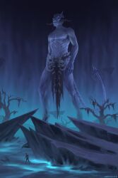  1boy artist_name bare_tree black_sky blue_eyes bone brown_loincloth claws colored_skin demon demon_boy demon_horns fangs floating_island from_below giant glowing glowing_eyes grey_skin highres horns loincloth molag_bal no_pupils reverse-jointed_legs sadnicole sharp_teeth skull sky tail teeth the_elder_scrolls the_elder_scrolls_online torn_clothes torn_loincloth tree 