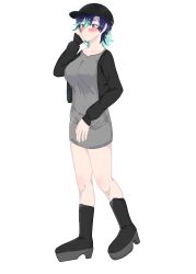  1girl alternate_costume andra_nadila_(vloodozer) aqua_eyes aqua_hair black_boots black_hat black_jacket blush boots breasts colored_tips commentary copyright_request dress full_body grey_dress hat high_heel_boots high_heels highres jacket large_breasts lips looking_at_viewer mole mole_under_eye mole_under_mouth multicolored_hair open_clothes open_jacket original pixelated simple_background solo standing streaked_hair tucking_hair umoriu1 white_background 