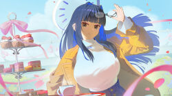  1girl analog_clock blue_eyes blue_hair blue_pants blue_sky bow breasts brown_coat buttons choq3 clock coat colored_inner_hair commentary cream cup cupcake denim ear_piercing english_commentary food fruit hair_intakes high-waist_pants high_collar highres holding holding_removed_eyewear hololive hololive_english jacket jeans large_breasts long_hair looking_at_viewer multicolored_hair official_alternate_costume official_alternate_hairstyle ouro_kronii ouro_kronii_(casual) pants petals piercing pink_bow semi-rimless_eyewear shirt sky smile solo strawberry sweater sweater_tucked_in teacup trench_coat turtleneck unworn_eyewear virtual_youtuber white_shirt white_sweater wind yellow_jacket 