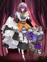  1boy ahoge alpaca_connect anchor_print ankle_strap apron averting_eyes bat_wings belt black_dress black_shoes blush bow braid braided_sidelocks brooch cake cake_slice center_frills closed_mouth collared_dress commentary_request creamer_(vessel) cross cross-laced_apron cross-laced_clothes crossdressing crossdressing_(mtf) cup cupcake curtains dress flower food frilled_apron frills gem glint gloves hair_between_eyes hair_bow halloween_costume hand_on_own_chest highres holding_own_dress jewelry juliet_sleeves long_dress long_hair long_sleeves lucis_nea_nie maid maid_apron maid_headdress male_focus male_maid mary_janes neck_ribbon nervous_smile o-ring o-ring_belt orange_apron orange_belt orange_bow pantyhose pudding puffy_sleeves purple_flower purple_hair purple_ribbon purple_rose raised_inner_eyebrows red_eyes red_gem ribbon rose saucer se00tu serving_cart shoes sidelocks sleeve_cuffs smile solo stage_curtains teacup teapot tiered_tray vase white_apron white_gloves white_pantyhose wing_brooch wings yellow_flower 