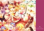  2girls ascot bat_wings blonde_hair bow cover fang flandre_scarlet flower hands_together hat kaio_(watagami) multiple_girls one_eye_closed open_mouth purple_hair red_eyes remilia_scarlet ribbon short_hair siblings side_ponytail sisters smile touhou wings 