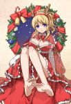  1girl adapted_costume antlers ayase_eli bare_legs barefoot blonde_hair blue_eyes breasts capelet christmas cleavage elbow_gloves gloves hairband highres light_smile looking_at_viewer love_live!_school_idol_project off_shoulder parted_lips ponytail reindeer_antlers santa_costume short_ponytail sindre sitting thighs white_gloves 