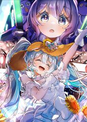  2girls absurdres aqua_hair black_gloves blush bow bow_(music) brown_hat closed_eyes commentary_request double-parted_bangs dress fingerless_gloves flower gloves hair_between_eyes hat hat_bow hat_flower hat_ornament hatsune_miku highres holding holding_lightstick leaf_hat_ornament lightstick long_hair looking_at_viewer magical_mirai_(vocaloid) magical_mirai_miku magical_mirai_miku_(2026) multiple_girls musical_note_ornament open_mouth otomachi_una otomachi_una_(sv) shirt sleeveless sleeveless_dress solo sunflower synthesizer_v teeth twintails upper_teeth_only very_long_hair vocaloid white_bow white_dress white_gloves white_shirt yellow_eyes yellow_flower yu-muge 
