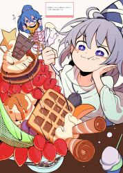  +_+ 2girls blue_eyes blue_hair blue_hat candy chocolate chocolate_bar closed_mouth commentary_request food food_on_face fruit furorina grey_hair hair_between_eyes hair_tubes hat highres ice_cream japanese_clothes kariginu long_hair long_sleeves marshmallow_(site) melon miyadeguchi_mizuchi mononobe_no_futo multiple_girls pancake request_inset strawberry striped_clothes tate_eboshi too_much_food touhou translation_request wafer_stick waffle 