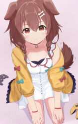  1girl :3 absurdres animal_ears brown_eyes brown_hair closed_mouth collar commentary_request controller dog_ears dog_girl dog_tail dress game_controller gamecube_controller highres hololive inugami_korone inugami_korone_(1st_costume) jacket looking_at_viewer morotade_kudou nintendo_64_controller red_collar smile tail virtual_youtuber white_dress yellow_jacket 