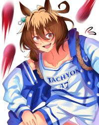  1girl absurdres agnes_tachyon_(boundless_laboratory)_(umamusume) agnes_tachyon_(umamusume) ahoge animal_ears basketball_jersey basketball_uniform bean_bag blue_jacket bntutnn breasts brown_hair collarbone commentary flying_sweatdrops hair_between_eyes highres horse_ears horse_girl jacket jersey letterman_jacket medium_hair motion_blur official_alternate_costume open_clothes open_jacket open_mouth red_eyes shorts smile solo sportswear teeth umamusume untranslatable_commentary upper_teeth_only white_jersey white_shorts 