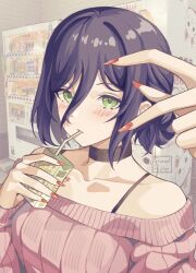  1girl bare_shoulders black_choker black_hair blush breasts chainsaw_man choker closed_mouth collarbone dazed_pedler double-parted_bangs drink_carton drinking drinking_straw fingernails green_eyes hair_between_eyes hair_bun half-heart_hands hand_up highres holding holding_drink_carton holding_juice_box juice_box long_hair_between_eyes long_sleeves looking_at_viewer nail_polish pink_sweater red_nails reze_(chainsaw_man) short_hair single_hair_bun small_breasts solo sweater upper_body 