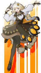  1girl :d absurdres arms_up black_dress black_gloves black_pantyhose black_ribbon black_shoes blue_eyes braid dress full_body gloves grey_hair hair_ornament highres holding holding_microphone jacket kizuna_akari kizuna_akari_(vocaloid6) leg_up long_hair microphone neck_ribbon onion_jounouchi open_clothes open_jacket open_mouth orange_background pantyhose partially_fingerless_gloves ribbon shirt shoes smile solo twin_braids very_long_hair vocaloid voiceroid white_jacket white_shirt 