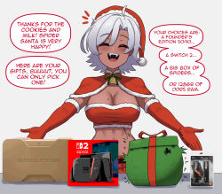  1girl arthropod_girl bell birthmark bow bowtie breasts bug christmas closed_eyes cslucaris dark-skinned_female dark_skin fangs gift gloves grey_hair hat highres large_breasts lucille_(cslucaris) nintendo_switch_2 open_mouth original red_gloves santa_costume santa_hat short_hair speech_bubble spider spider_girl table white_background 