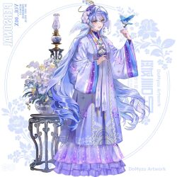  1girl ao_nhat_binh artist_request bird blue_eyes blue_hair check_artist curly_hair feathered_wings floral_background flower frilled_skirt frills hair_flower hair_ornament highres honkai:_star_rail honkai_(series) khan_van long_hair robin_(honkai:_star_rail) skirt smile tassel third-party_source wide_sleeves wings 