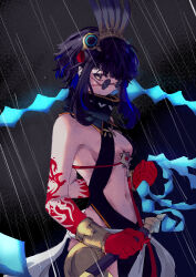  absurdres aztec blood blood_on_hands bracer colored_inner_hair commentary facepaint fate/grand_order fate_(series) feather_hairband feathers grey_eyes headdress high_collar highres holding holding_whip jarrchesky multicolored_hair sunglasses tenochtitlan_(fate) tenochtitlan_(first_ascension)_(fate) whip 