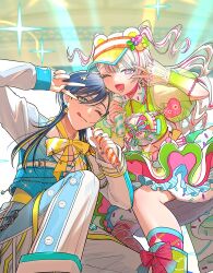  1boy 1girl ;d androgynous avvy blue_eyes blue_hair blue_nails commentary_request double-parted_bangs fingernails green_shirt green_skirt hair_between_eyes heart holding holding_microphone microphone multicolored_hair nail_polish official_art one_eye_closed pants pink_hair shirt skirt sleeves_past_wrists smile sparkle streaked_hair tongue two-tone_hair two_side_up v violet_eyes white_hair white_pants 