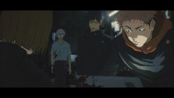  1girl 3boys arashi_(boom_sate225) black_hair black_jacket blood blood_on_clothes blood_on_hands blood_stain brown_eyes brown_hair buttons collared_shirt commentary_request computer crossover evil_smile fushiguro_megumi glowing glowing_eyes high_collar hikaru_ga_shinda_natsu indou_hikaru itadori_yuji jacket jujutsu_kaisen kugisaki_nobara laptop multiple_boys open_mouth parody pink_hair red_hood shirt smile style_parody teeth white_hair white_shirt yellow_eyes 