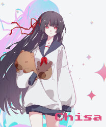  1girl absurdres alternate_costume black_hair breasts character_name chinese_commentary chisa_(wuthering_waves) closed_mouth collarbone commentary_request cowboy_shot hair_ribbon highres long_hair long_sleeves looking_at_viewer mole mole_under_eye namipon_(wuthering_waves) oversized_clothes red_eyes red_ribbon ribbon shaokao_lajitong sleeves_past_wrists small_breasts solo wuthering_waves 